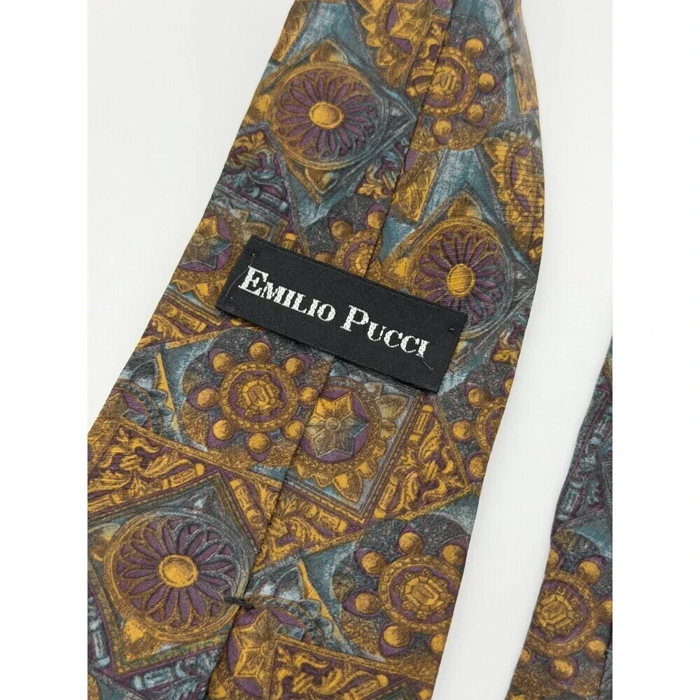Vintage Emilio Pucci Geometric Handmade Silk Tie Medallion Eclectic Ornate Art
